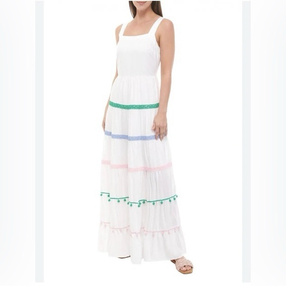 crown & ivy Dresses & Skirts - NWT Crown & Ivy White Tiered Maxi Dress with Colorful Pom Pom Trim - Size Large